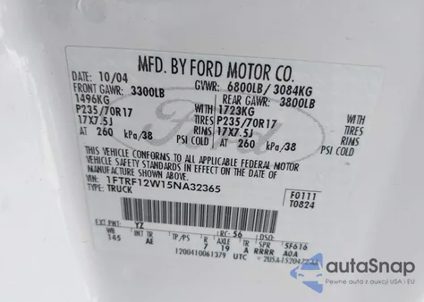 2005 Ford F-150 Stx/Xl/Xlt z USA, uszkodzony, nr VIN 1FTRF12W15NA32365